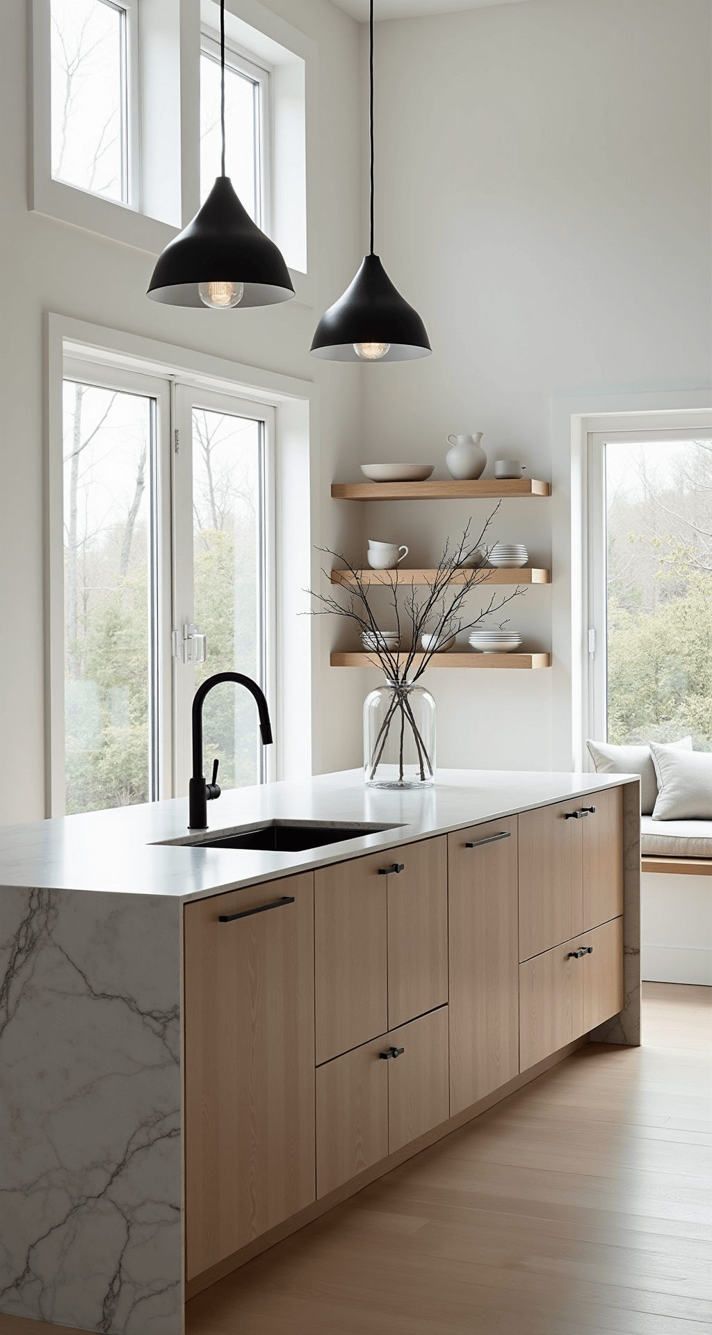 A Scandinavian-inspired kitchen bathed in natural light, featuring 10ft white walls, floor-to-ceiling windows, pale ash wood lower cabinets, an oversized marble-topped island, and minimal floating shelves displaying white ceramics, all styled with linen textiles and sculptural branches in a clear glass vase.