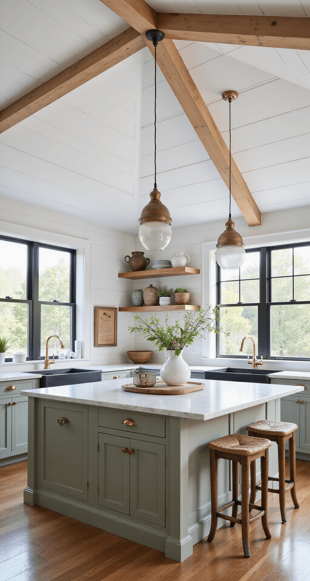 A modern farmhouse kitchen featuring vaulted shiplap walls painted warm white, sage green lower cabinets with antique brass pulls, and a rustic oak island with marble inlay, accented by vintage-inspired aged brass pendants. The space is illuminated by late morning light filtering through black steel-framed windows, showcasing countryside views. Decor includes pottery, woven baskets, and fresh flowers, captured at eye level to emphasize the 14ft vaulted ceiling.