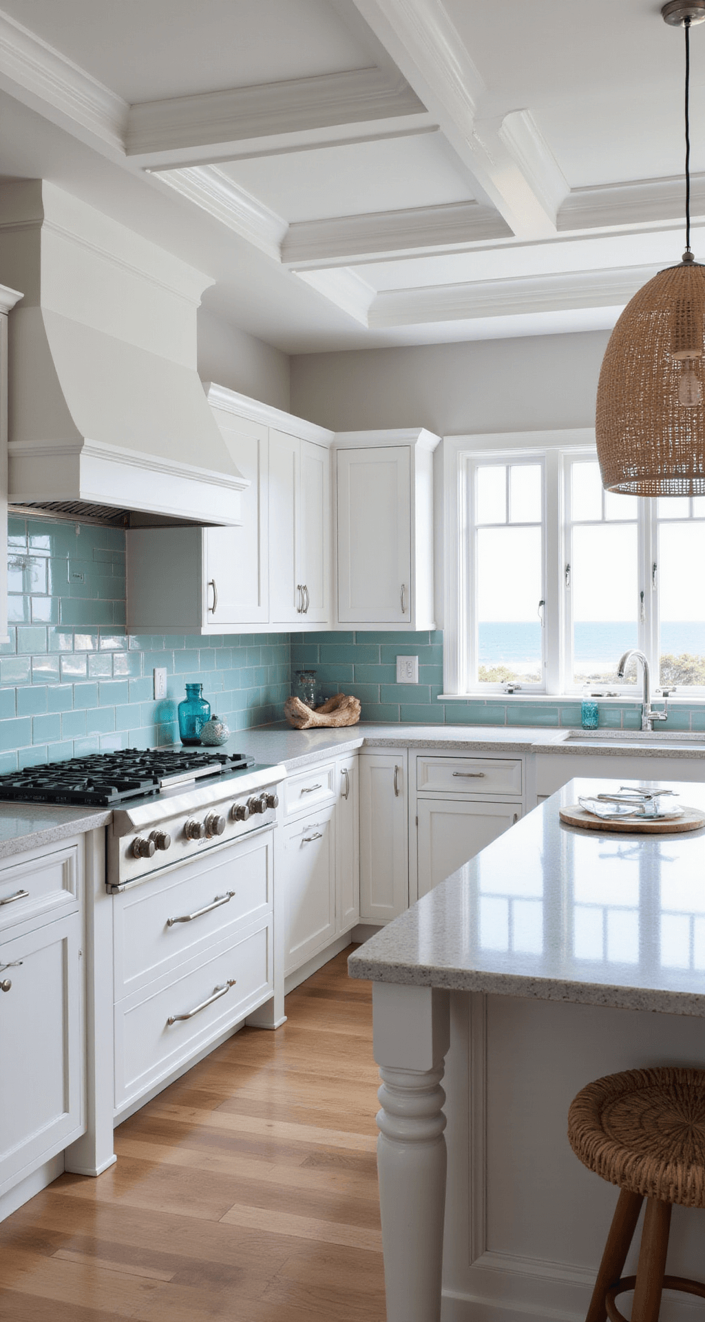 Contemporary coastal kitchen featuring 12ft coffered ceilings, no upper cabinets revealing a sea glass tone tile backsplash, crisp white lower cabinets with chrome hardware, and a pale gray quartz-topped island. Abundant natural light floods in through large ocean-view windows, complemented by rattan pendant lights and decorative blue glass vessels and driftwood accents. Shot from a corner perspective to highlight the indoor-outdoor flow.