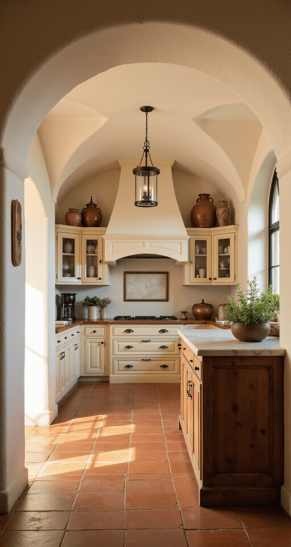 A spacious Mediterranean villa kitchen with 13ft arched ceilings, featuring terracotta floor tiles, cream lower cabinets with oil-rubbed bronze hardware, and no upper cabinets showcasing warm white stucco walls. A reclaimed wood island with a marble pastry surface sits in the center, illuminated by iron and glass pendant lights. The scene captures the late afternoon sun creating a warm glow, with decor including copper pots, ceramic urns, and fresh herbs, viewed from the doorway for a grand perspective.