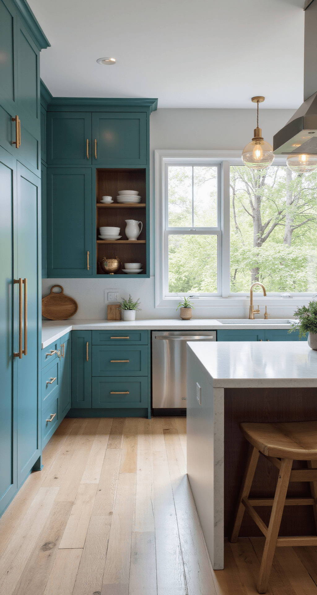 A modern kitchen featuring teal floor-to-ceiling cabinets with brass hardware, a white quartz waterfall island, and walnut open shelving, all bathed in morning sunlight from large east-facing windows, with wide-plank white oak floors and soft pendant lighting.