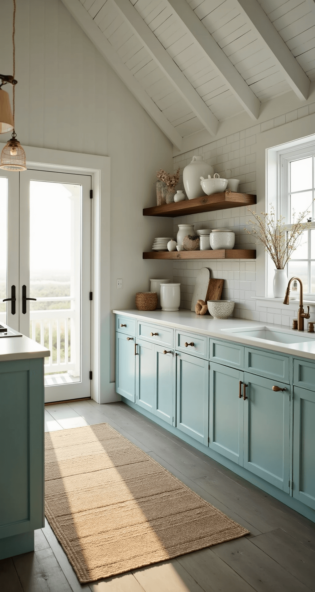 Coastal-inspired kitchen featuring light teal cabinets, white subway tile backsplash, and vaulted ceiling with exposed white beams, illuminated by golden hour light streaming through French doors. Decorated with white ceramic vases and driftwood accents, captured from a corner angle to emphasize depth.