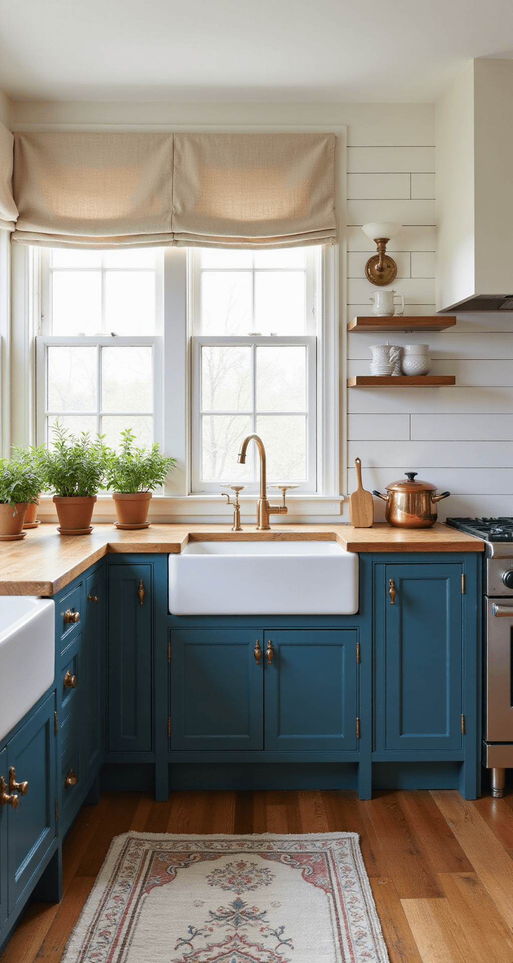 A cozy farmhouse kitchen featuring a shiplap accent wall, deep teal lower cabinets, cream upper cabinets, and morning light filtering through cafe curtains, styled with copper cookware and fresh herbs in terracotta pots, shot to emphasize symmetry and a warm, lived-in elegance.