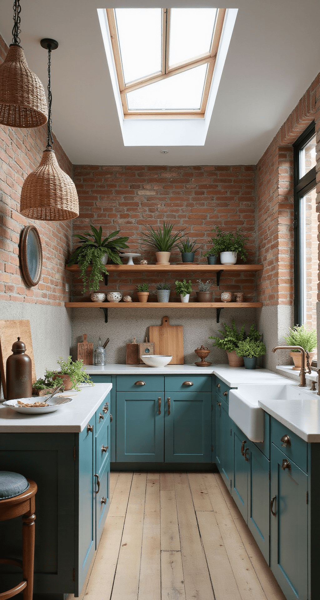 A low angle shot of a bohemian kitchen featuring an exposed brick wall, muted teal cabinets, a Moroccan tile backsplash, and skylights allowing diffused midday light. The space is adorned with rattan pendant lights, mixed metal hardware, and floating wooden shelves styled with plants and global artifacts, showcasing an eclectic and artistic atmosphere.