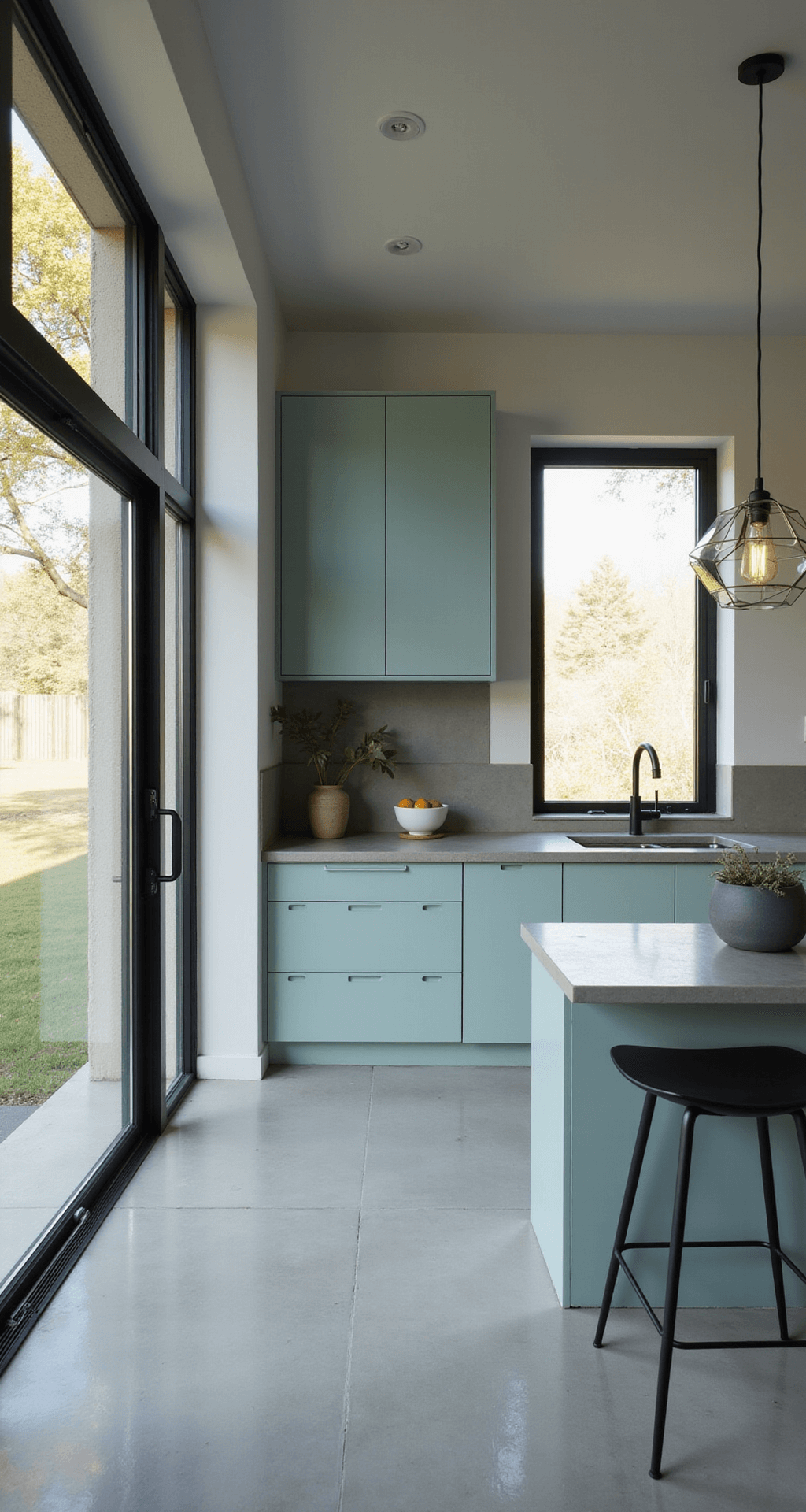 A modern minimalist kitchen featuring pale teal cabinets with integrated handles, concrete countertops, and black matte fixtures, illuminated by dawn light through floor-to-ceiling windows, casting dramatic shadows. Geometric pendant lights hang above, and a single statement pottery piece adds a touch of style, all captured with a tilt-shift lens for a serene, sophisticated atmosphere.