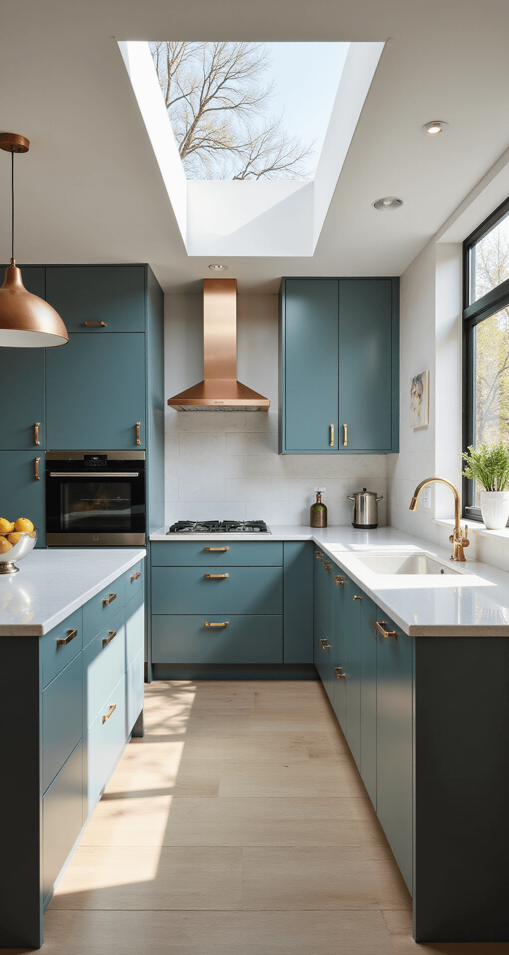 Contemporary kitchen featuring teal two-tone cabinets, white oak accents, a copper hood, brass pulls, and a chrome faucet, illuminated by afternoon light through a skylight, styled with modern art and a sculptural fruit bowl, captured from a diagonal corner to highlight design layers.