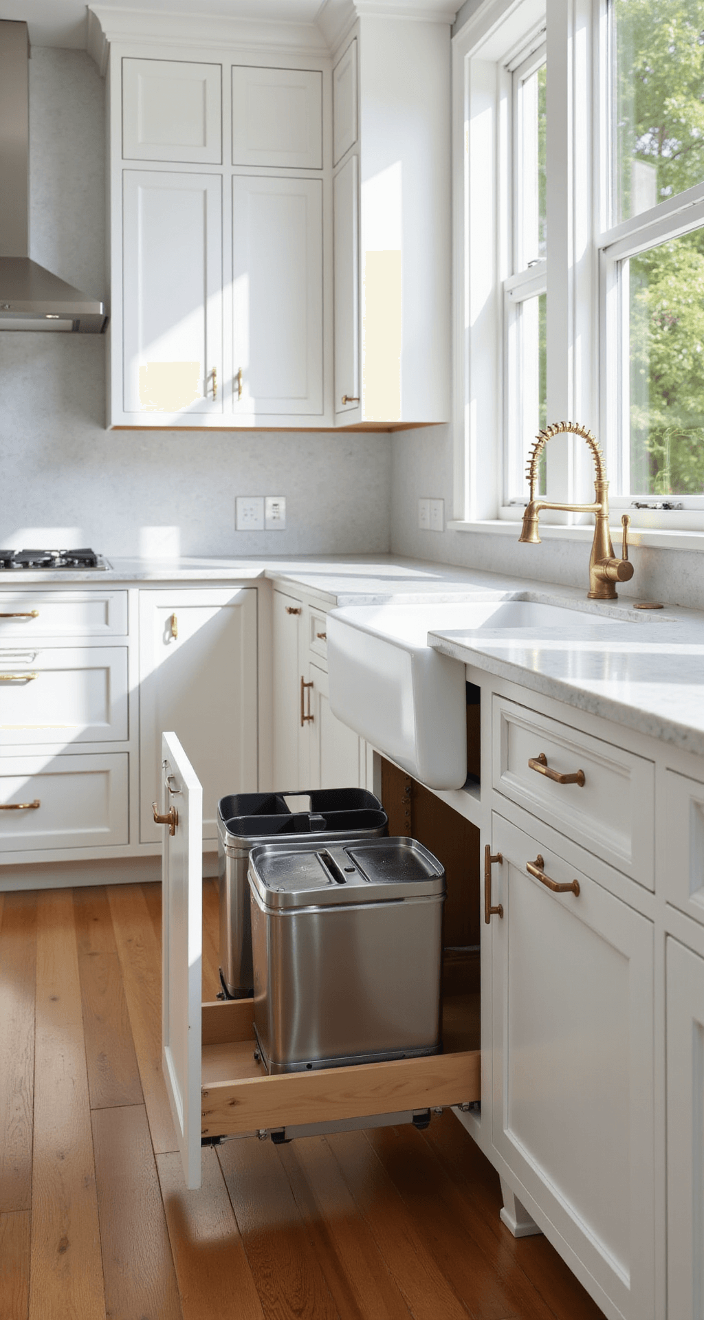 A modern kitchen with white inset cabinets, featuring a pull-out waste management system in brushed stainless steel, dual compartments for trash and recycling, and a farmhouse sink. The scene showcases marble countertops, oak flooring, and brass hardware, illuminated by morning light through large windows.