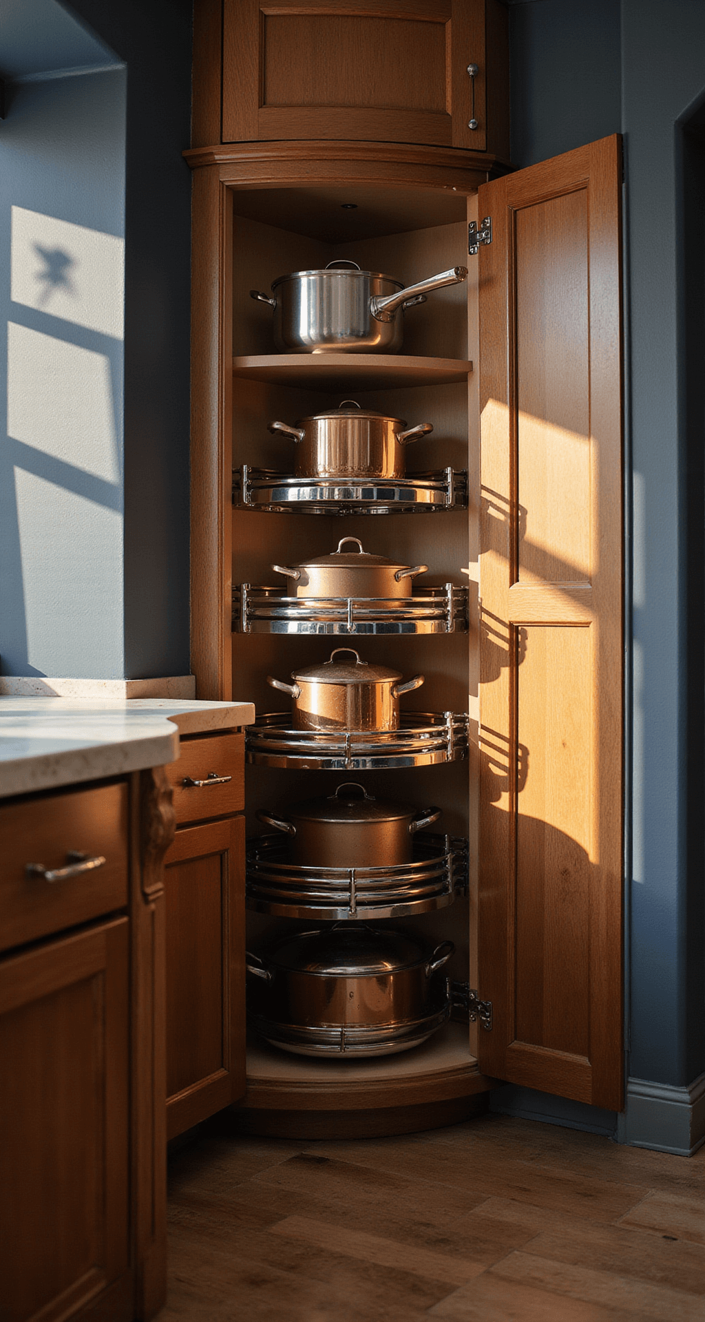 Intimate detail shot of a transitional kitchen corner cabinet at a 45-degree angle, showcasing a magic corner system with rotating chrome-finished shelves filled with copper cookware, illuminated by late afternoon golden hour light that creates dramatic shadows, against rich navy walls and medium walnut finishes.