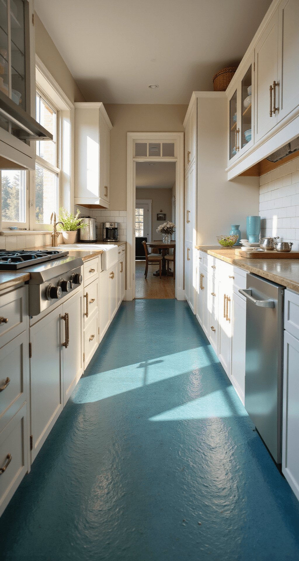 Low-angle view of a galley kitchen showcasing 42-inch walkways between white shaker cabinets, with golden hour sunlight casting shadows on cerulean blue penny tile floors, glass-front cabinets displaying dishes, and varied cabinet heights with mixed metals, emphasizing leading lines.