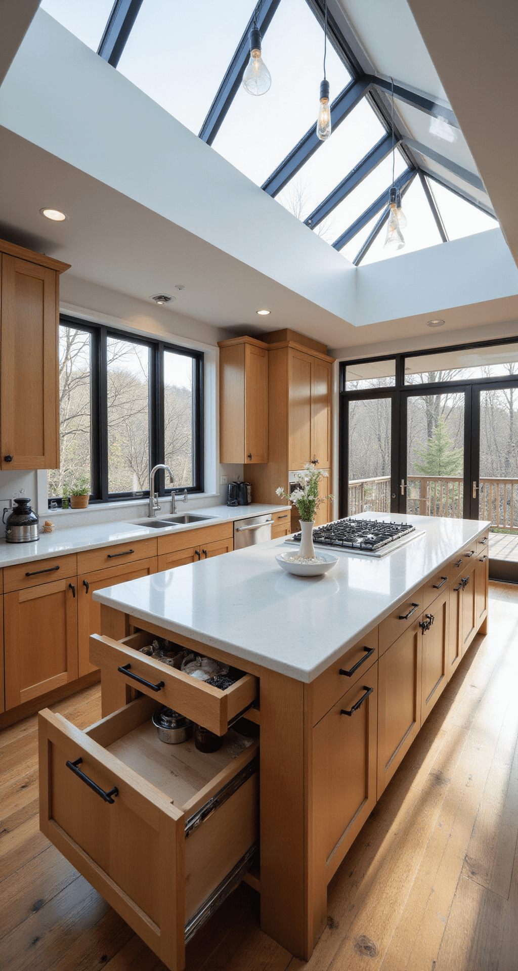 Bird's eye view of a modern kitchen island with bamboo cabinets, white quartz countertops reflecting morning light, stainless steel accents, and interior organizers in partially opened drawers.