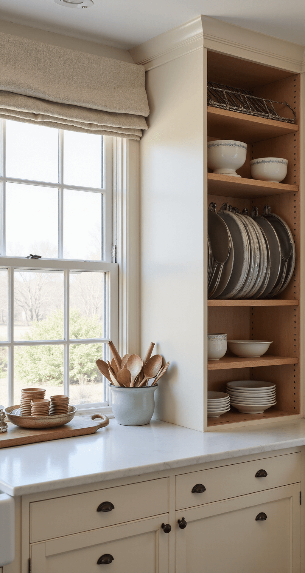 Eye-level view of a farmhouse kitchen baking station featuring cream-colored cabinets, custom maple dividers for baking sheets, and accent decor of copper measuring cups and ceramic mixing bowls, all illuminated by soft, diffused natural light.