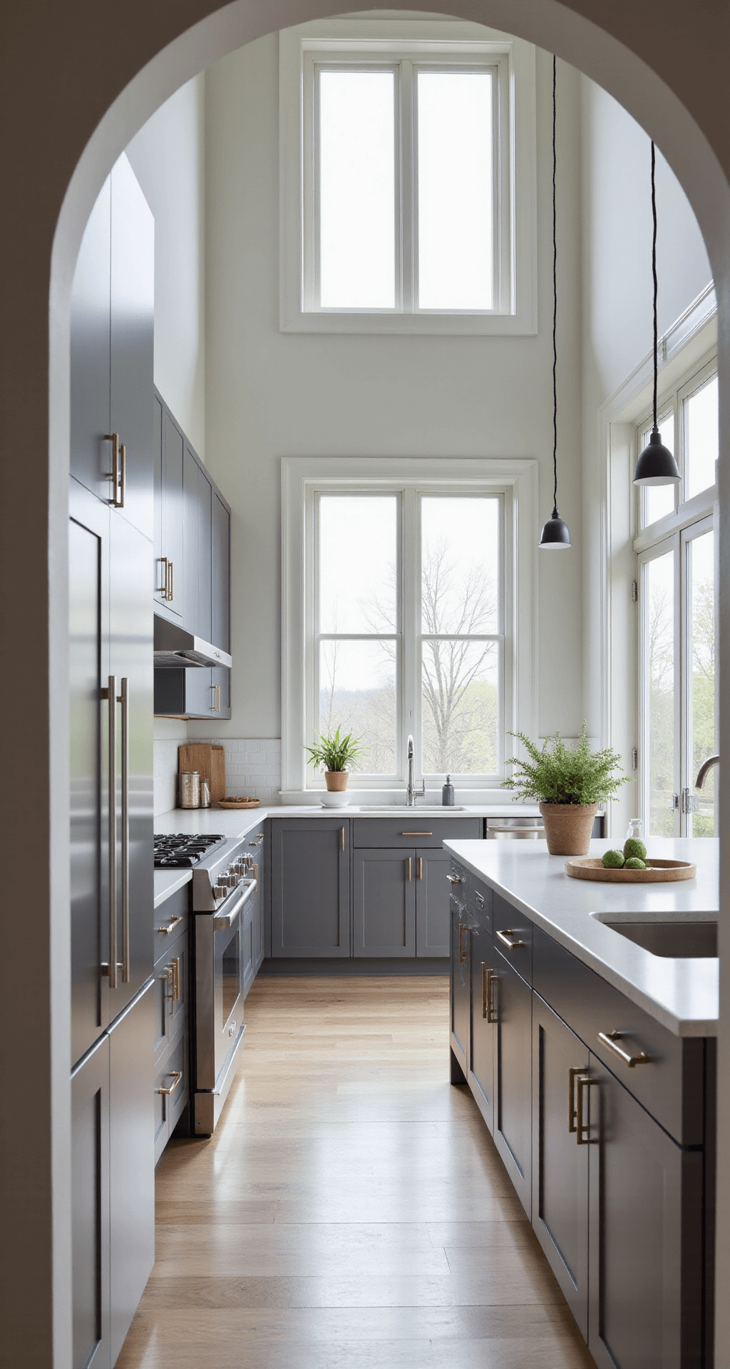 A modern minimalist gray kitchen featuring matte light gray cabinets, a centered island with white quartz countertops, and stainless steel appliances, all illuminated by morning sunlight streaming through floor-to-ceiling windows. The image captures a clean, airy aesthetic with wide plank white oak flooring and soft shadows.