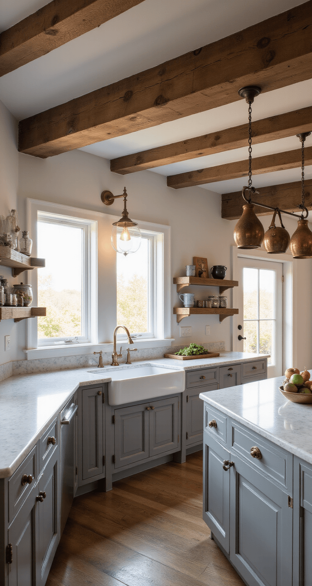 Spacious farmhouse chic kitchen featuring medium gray shaker cabinets, white marble countertops, and an antique copper pot rack, illuminated by late afternoon light and warm pendant lights.