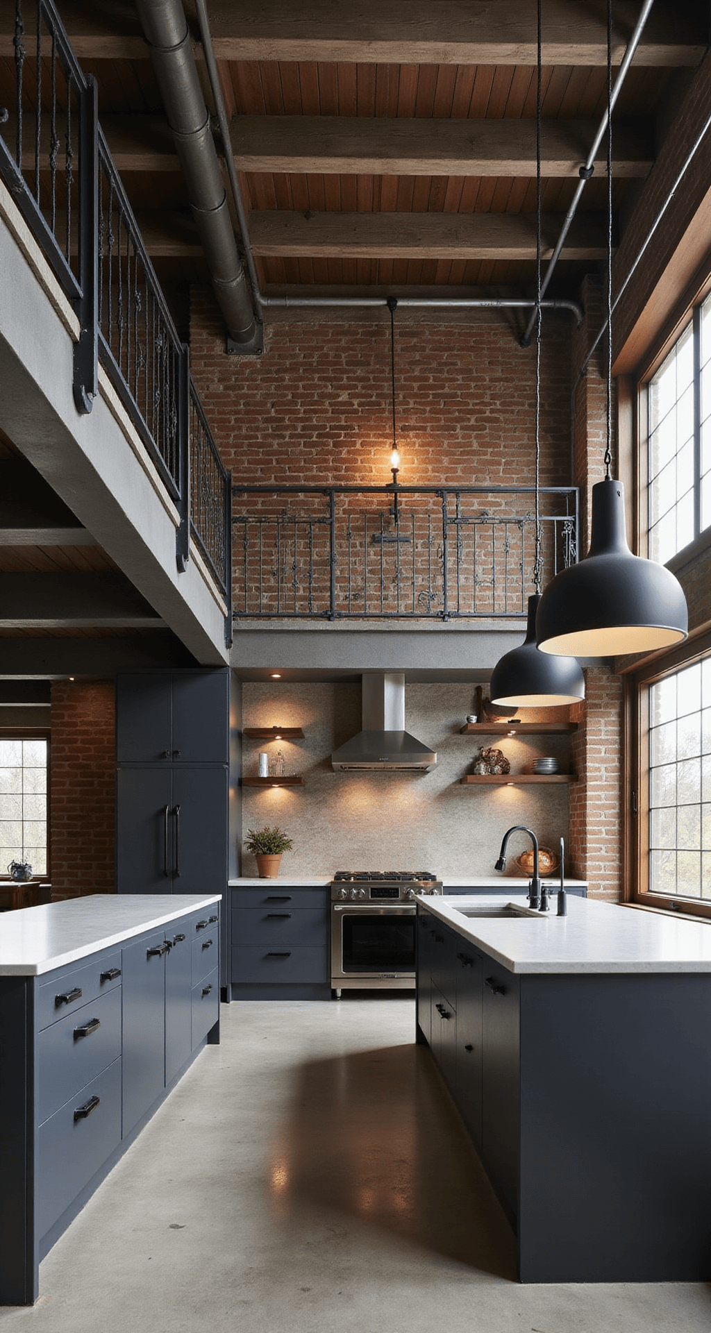 Open-concept industrial loft kitchen with dark charcoal gray cabinets, polished concrete floors, exposed brick walls, and metal ductwork, viewed from a mezzanine level, highlighting dramatic pendant lighting and high contrast details.
