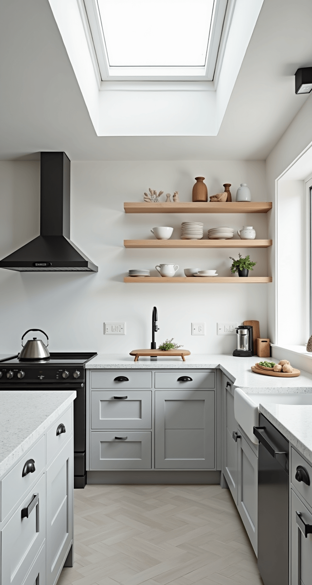 Compact Scandinavian-style kitchen with pale gray cabinets, white oak open shelving, matte black hardware, and light granite countertops, bathed in natural light from a skylight, showcasing a clean and serene morning ambiance.