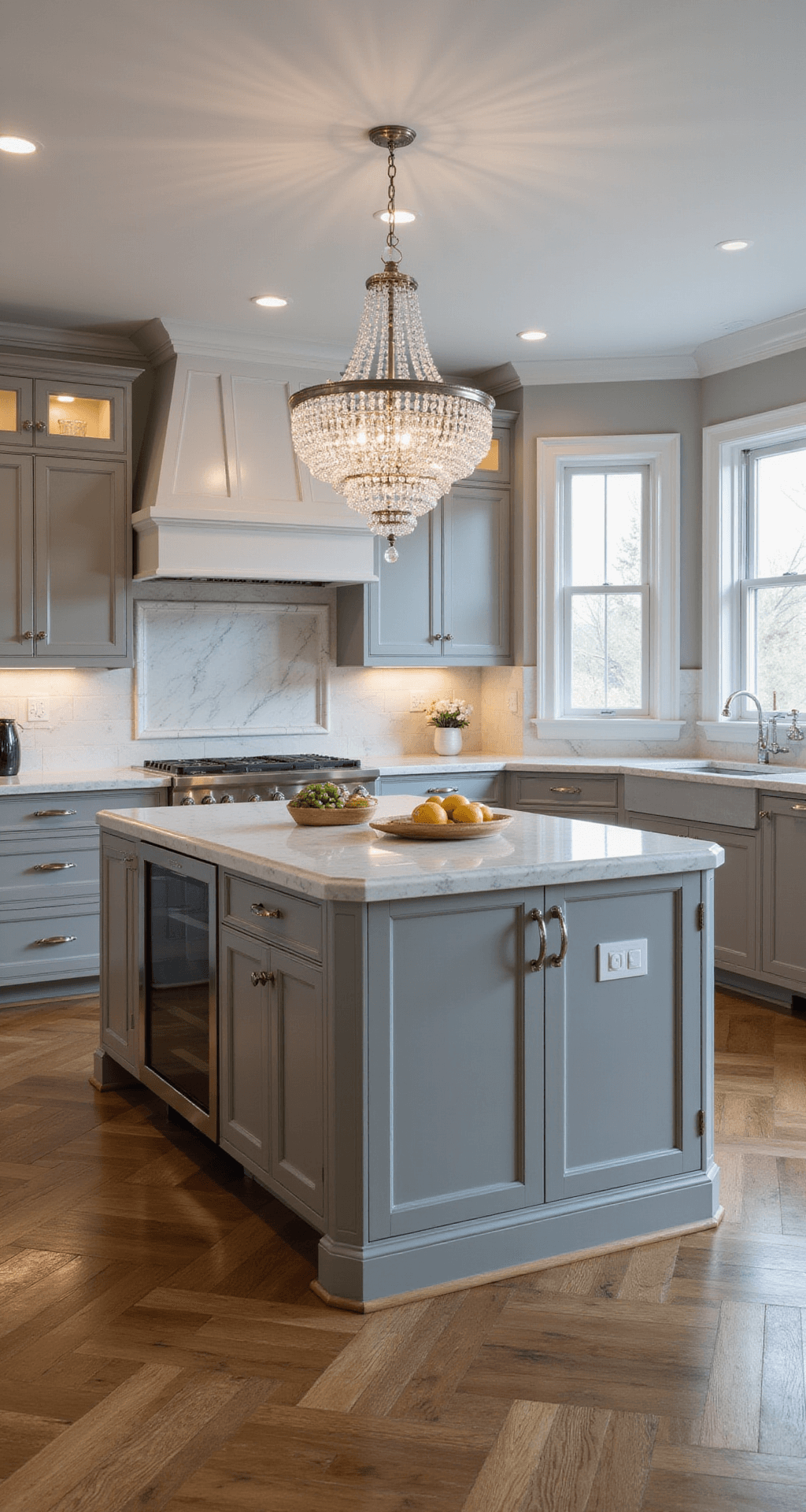 Elegant transitional kitchen featuring medium warm gray cabinets, a crystal chandelier above a central island, Calacatta marble countertops, polished nickel fixtures, herringbone wood floors, and a sophisticated atmosphere enhanced by natural and ambient lighting.
