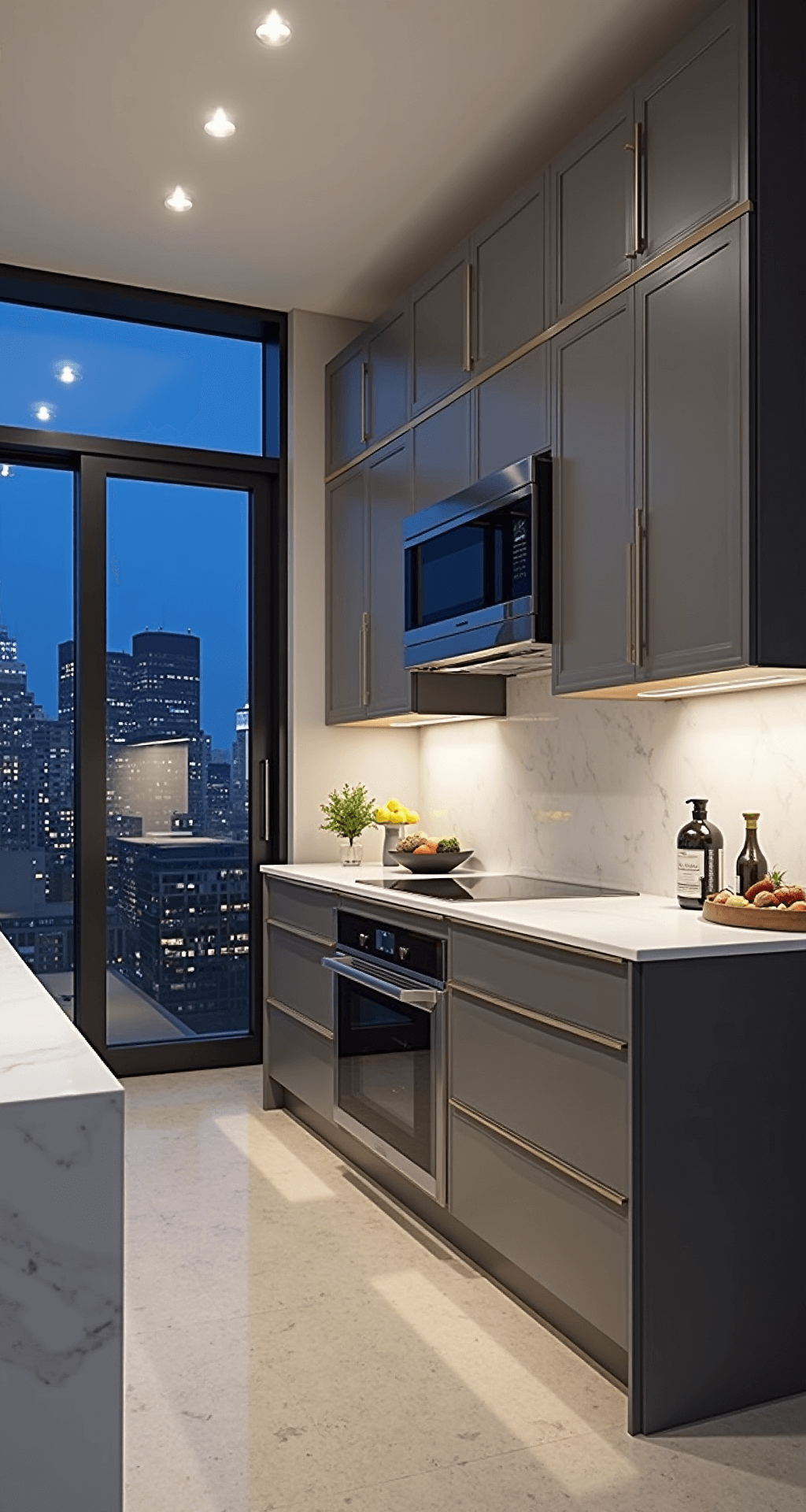 Sleek urban kitchen featuring two-tone gray cabinets, floor-to-ceiling windows with city views, a pure white quartz waterfall island, integrated LED lighting, and glossy concrete floors, all captured during blue hour with warm interior lights.