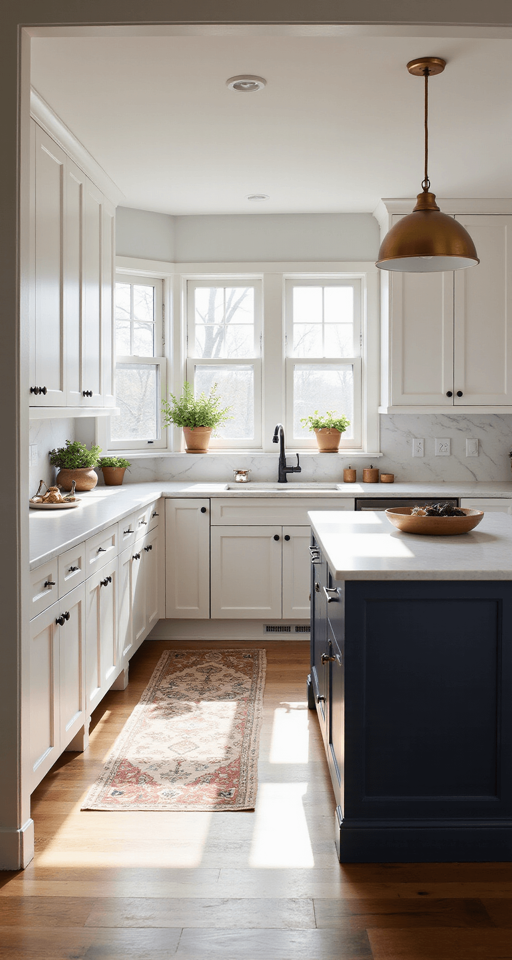 Bright 12x15ft kitchen with 10ft ceilings, featuring white shaker cabinets, a navy blue island with white quartz, brass pendant lights, and natural walnut flooring, all illuminated by golden hour light through large windows, styled with minimalist ceramics and fresh herbs.