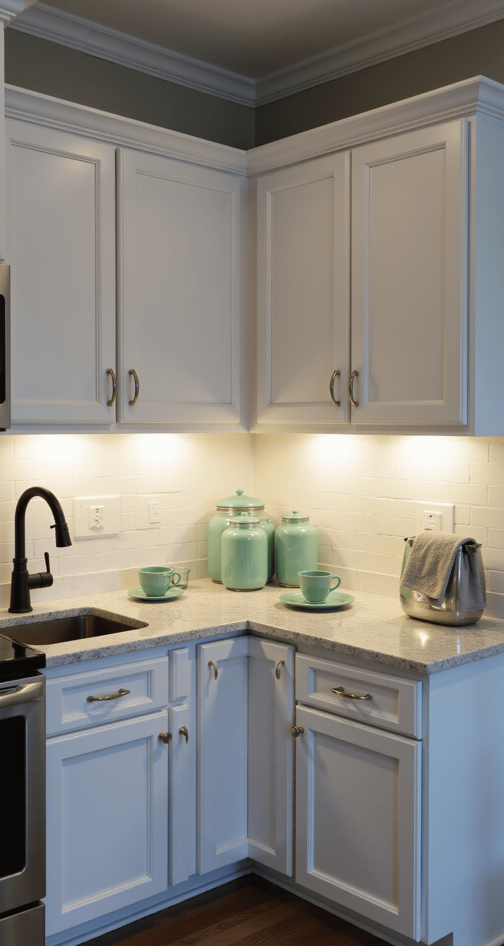 Intimate corner kitchen vignette showcasing white shaker cabinets with brushed nickel hardware, illuminated by soft under-cabinet LED lighting during blue hour. Features sage green accessories, marble countertops with veining, glass canisters, textured linen tea towels, and a matte black faucet, all captured in a low angle shot with shallow depth of field emphasizing cabinet details.