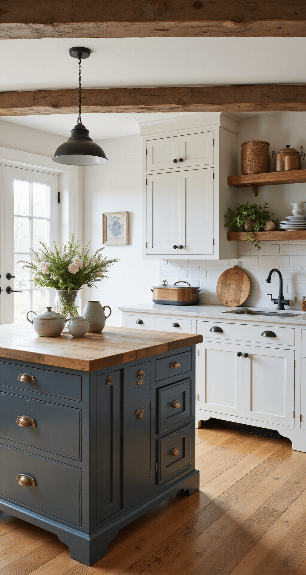 A cozy farmhouse-style kitchen featuring exposed beams, white shaker cabinets, and reclaimed wood shelving, illuminated by early morning light streaming through French doors. The corner shot highlights a centered butcher block island adorned with ironstone pottery and fresh flowers, while wide plank pine floors and copper cookware add rustic charm and warmth.