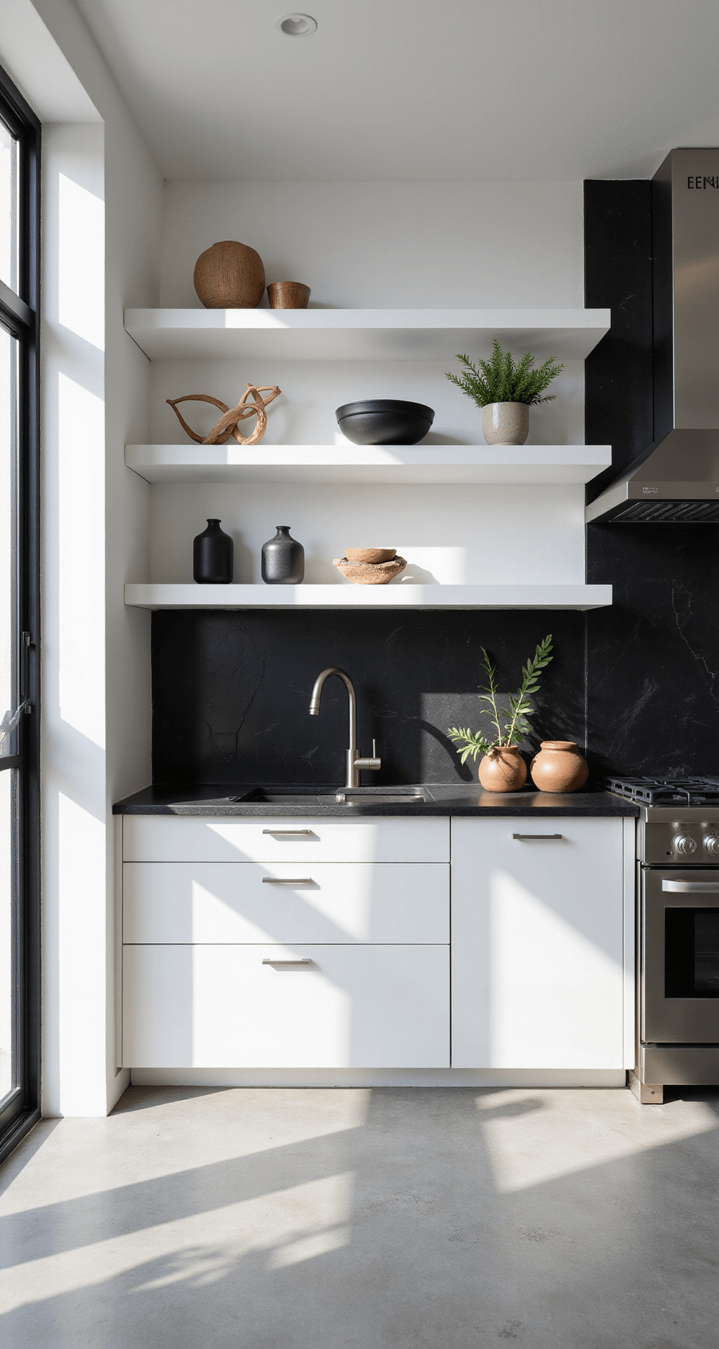 Modern minimalist kitchen featuring floor-to-ceiling white shaker cabinets, a dramatic black stone backsplash, and stainless steel appliances, styled with geometric ceramics and sculptural plants, illuminated by mid-morning light and high-key lighting, with concrete floors providing an industrial edge.