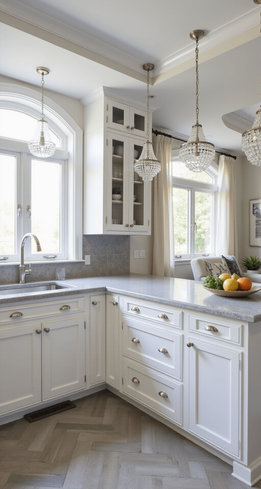 Transitional L-shaped kitchen featuring white shaker cabinets with glass uppers, grey quartzite countertops, herringbone tile floor, and filtered afternoon light, styled with white accessories and silver accents, illuminated by crystal pendant lights.