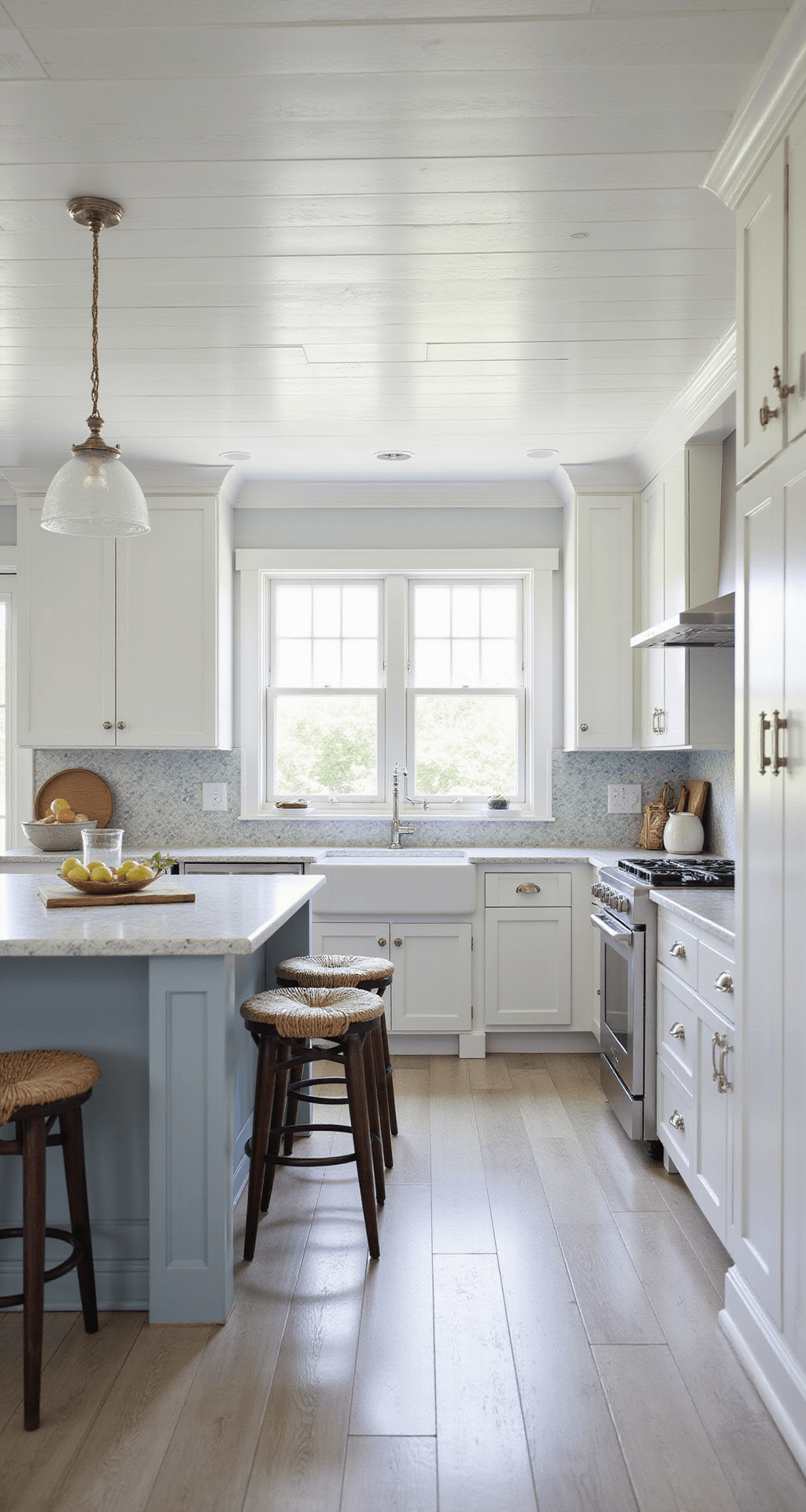 Coastal kitchen with beadboard ceiling and white shaker cabinets, featuring a pale blue island, seagrass barstools, and a shimmering shell-colored backsplash, all enhanced by natural elements and diffused morning light.