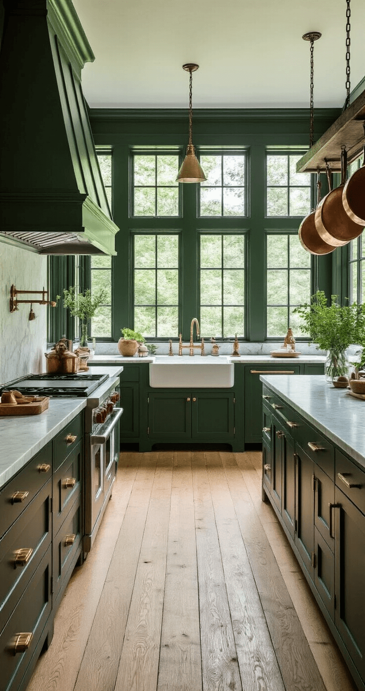 A spacious kitchen featuring forest green walls, white oak flooring, dark green Shaker-style cabinets, brass hardware, a farmhouse sink, and Carrara marble countertops, illuminated by morning light from large east-facing windows, with vintage copper pots hanging from a ceiling rack.