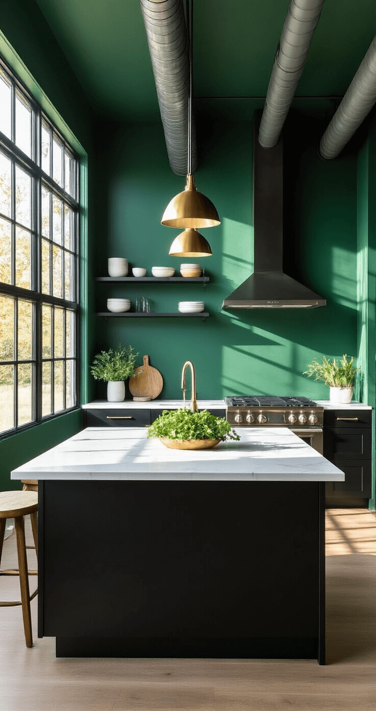 A modern galley kitchen with emerald green walls and industrial exposed ductwork, featuring matte black cabinets and a white quartz waterfall island, illuminated by golden hour light through steel-framed windows, accented with geometric brushed gold pendant lights and styled with minimalist ceramics and fresh herbs.