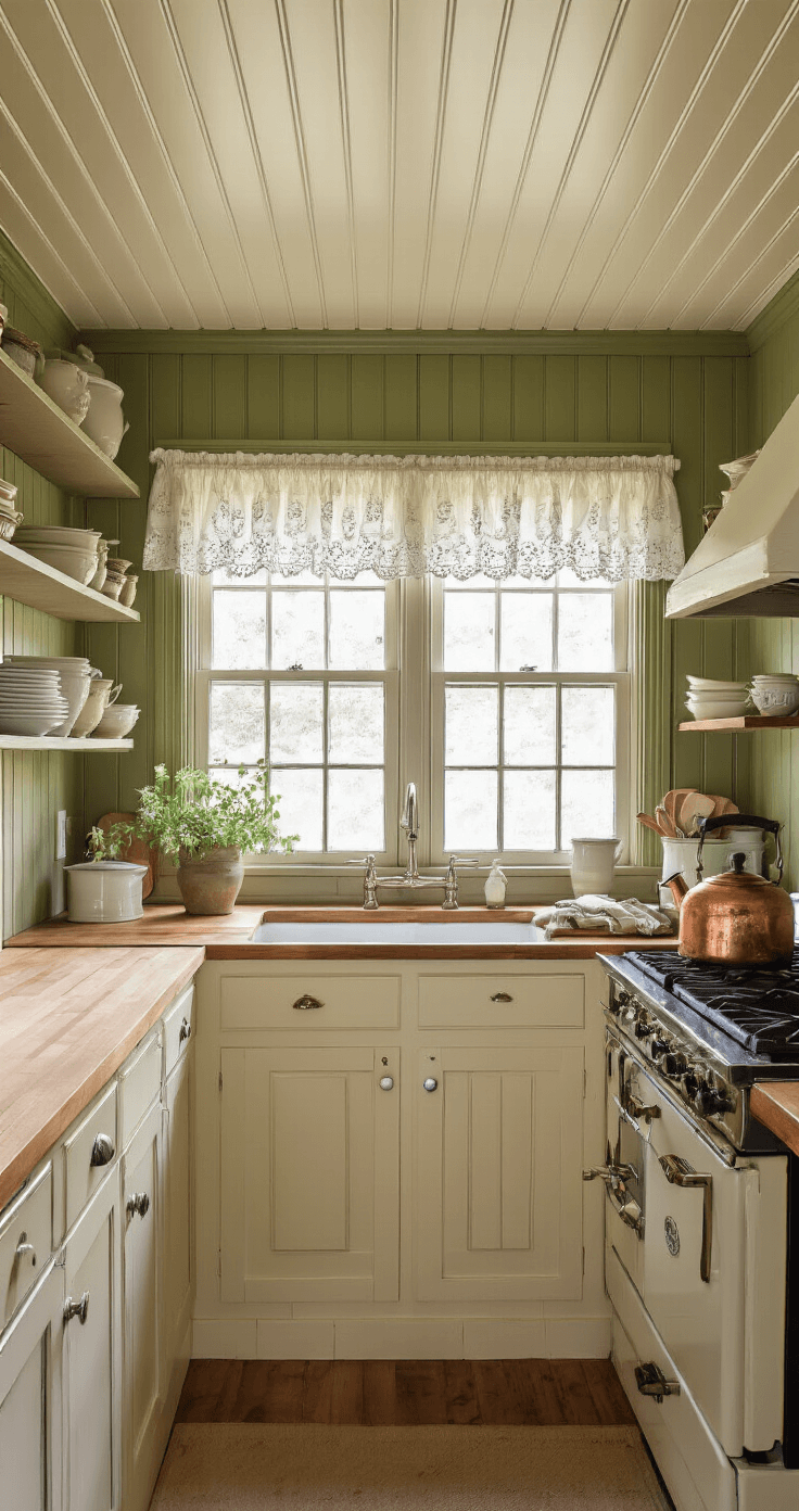 Cozy cottage kitchen featuring olive green beadboard walls, cream ceiling, and morning light through lace curtains, with butcher block counters, vintage cream cabinets, and a steaming copper kettle on an antique range.