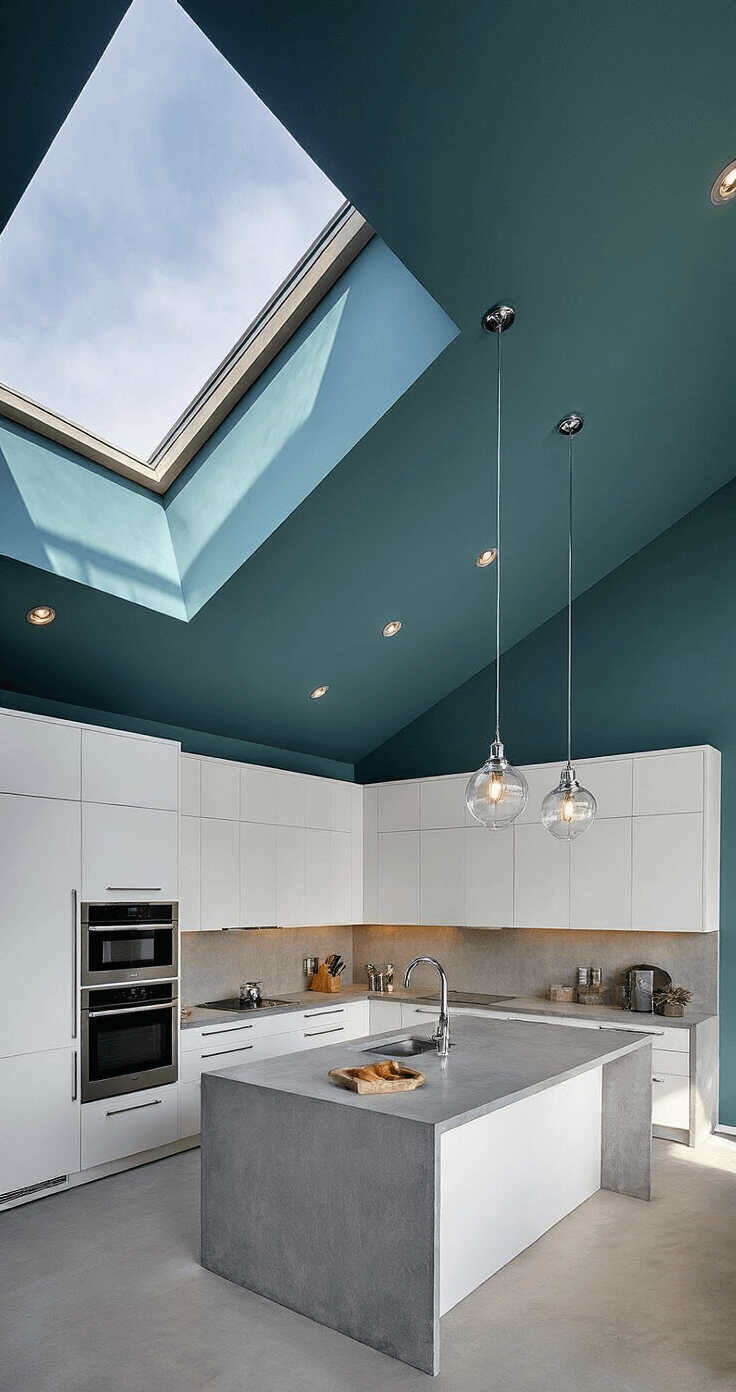Contemporary open-concept kitchen with inky blue-green walls and vaulted ceiling, showcasing sleek white cabinets, grey concrete counters, chrome appliances, and glass pendant lights, all illuminated by dusk light through skylights, viewed from an aerial perspective.