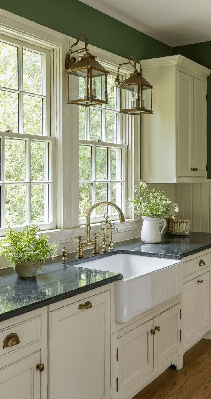 Traditional kitchen featuring hunter green walls with white wainscoting, illuminated by mid-morning sunlight through garden windows. The design includes cream-colored cabinets with honed black granite countertops, antique brass lanterns, and hardware, captured straight-on for a symmetrical view.