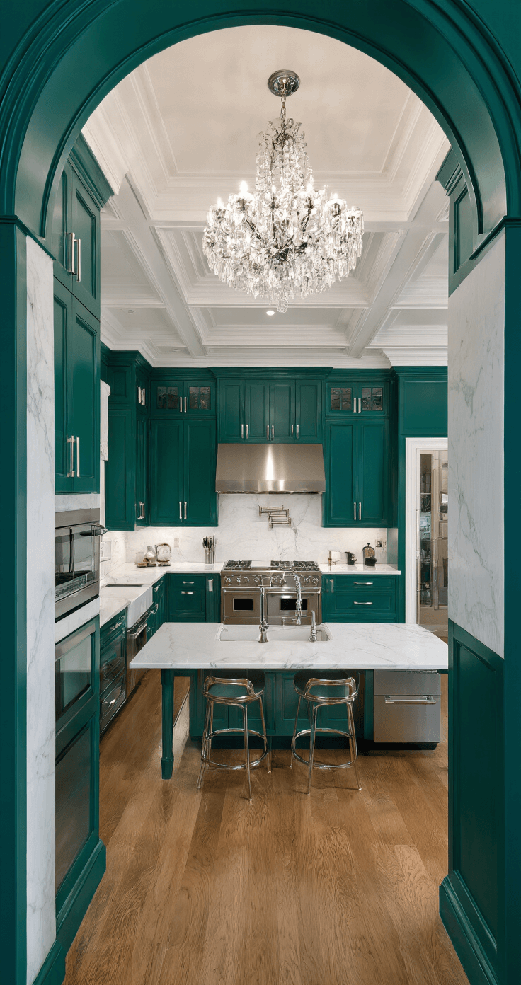 Luxurious chef's kitchen featuring deep emerald walls and a coffered ceiling, illuminated by a crystal chandelier; a white marble island with waterfall edges, professional-grade stainless appliances, and polished nickel fixtures create a sophisticated ambiance.