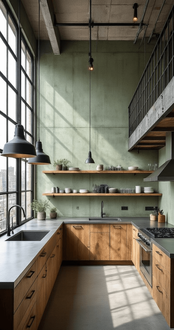 Aerial view of an urban loft kitchen featuring 16ft high sage green concrete walls, industrial windows, raw wood open shelving, zinc countertops, black metal pendant lights, and exposed pipe fixtures, illuminated by natural light and directional spots.
