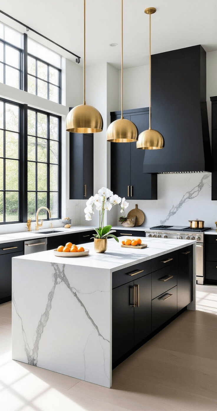 A spacious contemporary black kitchen featuring matte black handleless cabinets, a massive white quartzite waterfall island, and brushed gold pendant lights, all illuminated by morning light through floor-to-ceiling windows. Minimal decor includes a single orchid, arranged citrus fruits, and copper cookware, creating a moody yet inviting atmosphere.