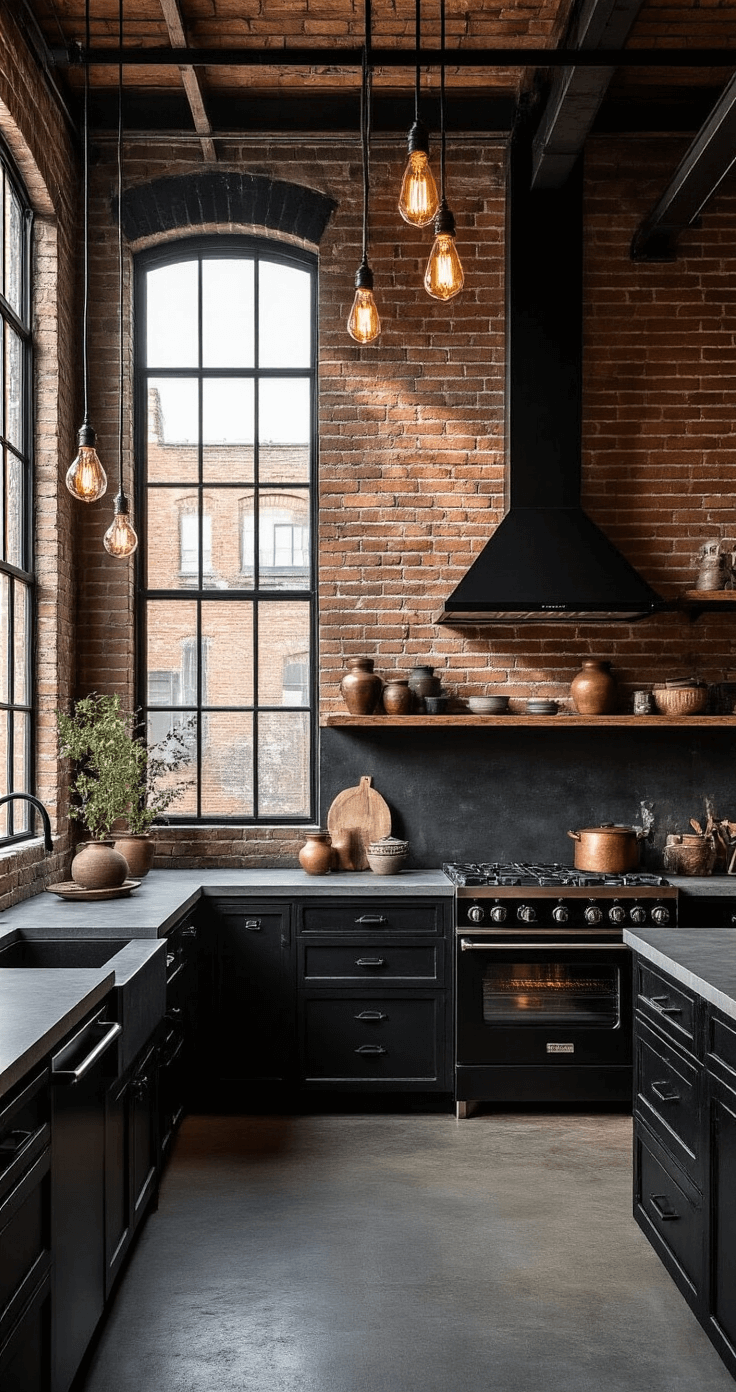 Industrial-style black kitchen at golden hour with exposed brick wall, steel-framed windows casting shadows, distressed metal cabinets, concrete countertops, and a vintage chandelier. Open shelving displays pottery and copper vessels, with a blackened steel range hood as the focal point. Textural elements include concrete, metal, wood, and black tile backsplash.