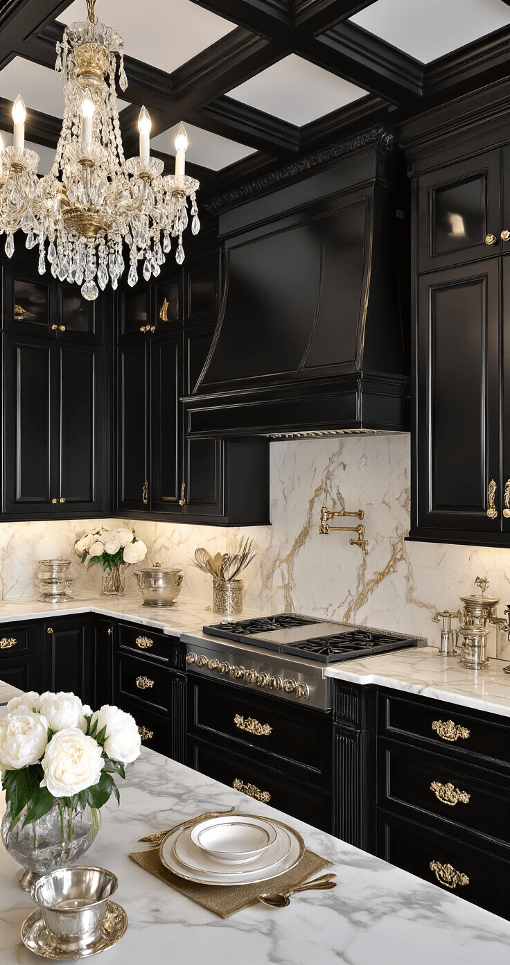 A luxurious traditional black kitchen featuring coffered ceilings, high-gloss black cabinets with intricate molding, Calacatta gold marble countertops and backsplash, and ornate brass hardware, elegantly styled with fresh white peonies and antique silver serviceware.