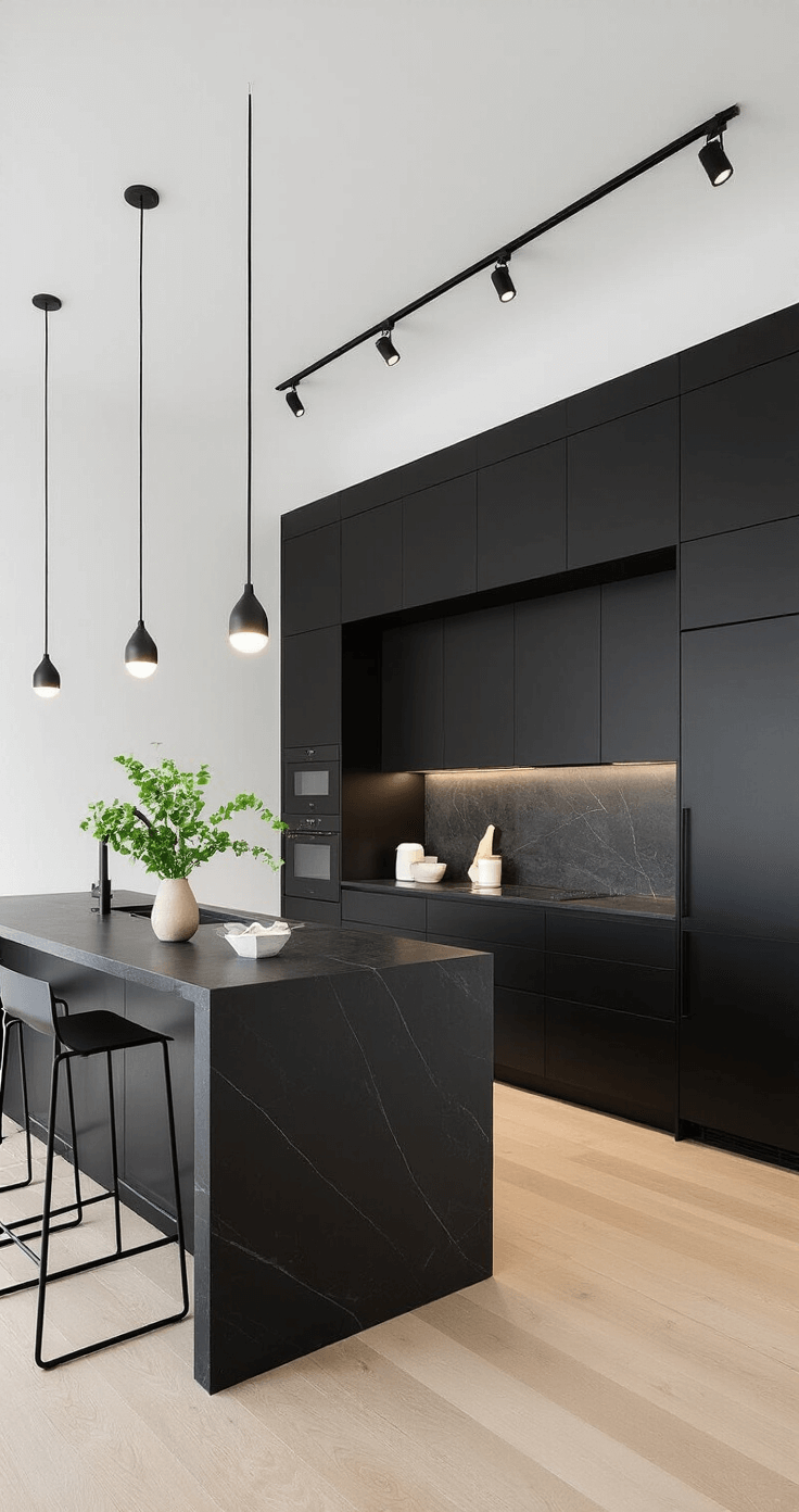 A modern minimalist black kitchen featuring double-height ceilings, floor-to-ceiling matte black cabinetry, and slim black marble countertops. The space is illuminated by dramatic track lighting and accented with bleached oak flooring. Styled with geometric ceramics and a single green plant, it emphasizes vertical lines and a sleek material palette of lacquer, natural stone, light wood, and black stainless steel appliances.