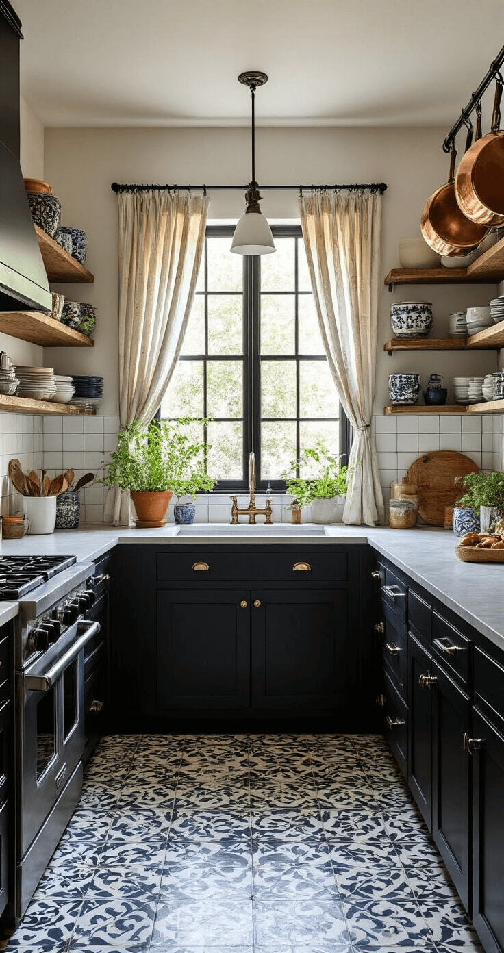 An eclectic black kitchen featuring black shaker cabinets and open shelving filled with colorful ceramics, illuminated by late afternoon sunlight through cafe curtains. A patterned cement tile floor complements the space, while copper pots hang from a ceiling rack and fresh herbs adorn the window sill. The room's lived-in charm is captured at eye level, highlighting a mix of materials including painted wood, cement tile, copper, and mixed metals.