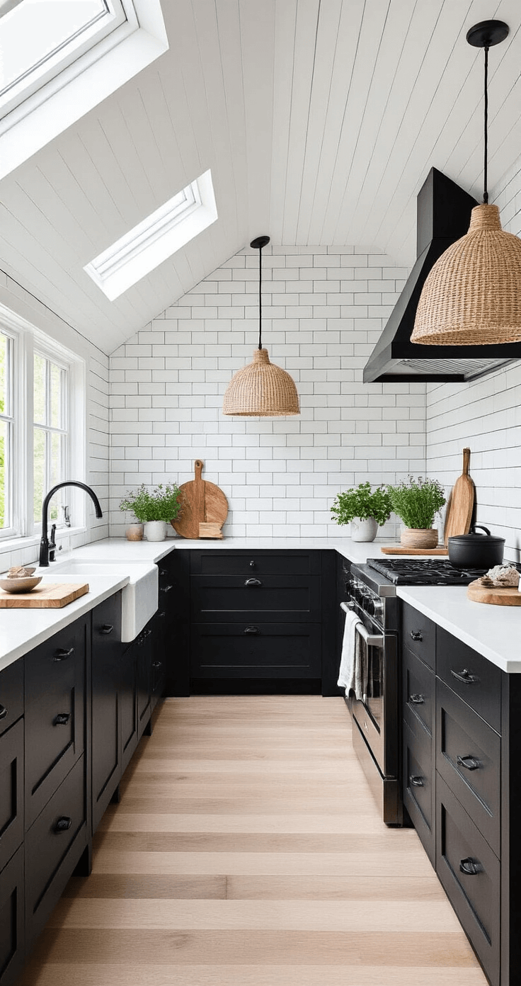 A Scandinavian-inspired black kitchen featuring black oak cabinets, white subway tile walls with black grout, and a pitched white ceiling, illuminated by morning light through a skylight. The space showcases natural fiber pendant lights, wooden cutting boards, linen textiles, and potted herbs, emphasizing clean lines and a blend of natural materials.