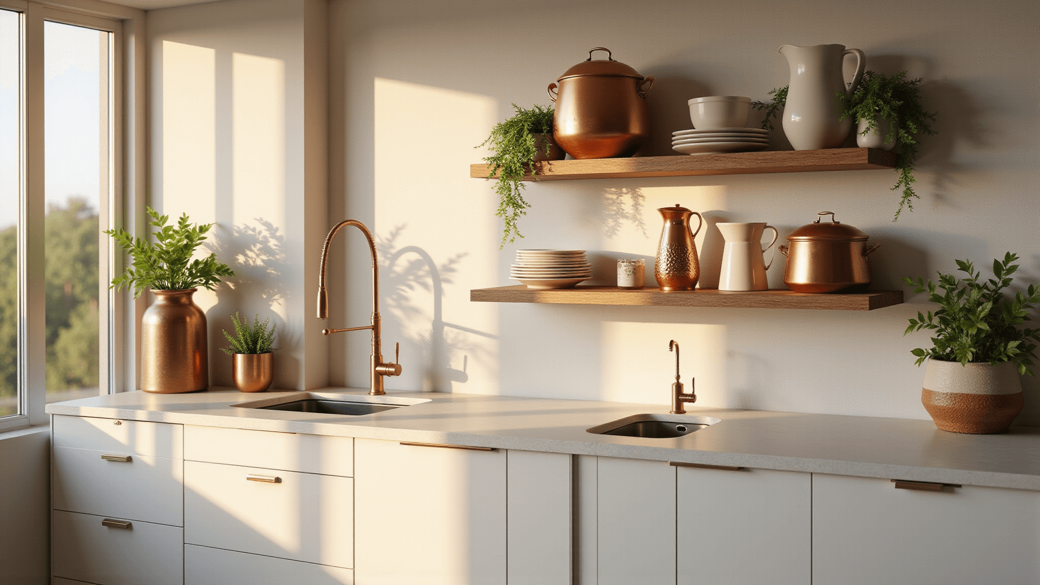 Photorealistic interior of a luxurious kitchen at golden hour, featuring white shaker cabinets styled with vintage copper cookware, cream ceramic pitchers, and cascading pothos plants, illuminated by warm natural light and soft bokeh effects.