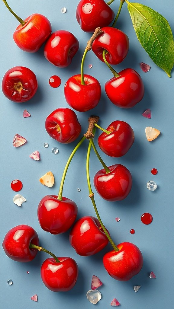 An artistic arrangement of red cherries on a blue background with decorative elements.