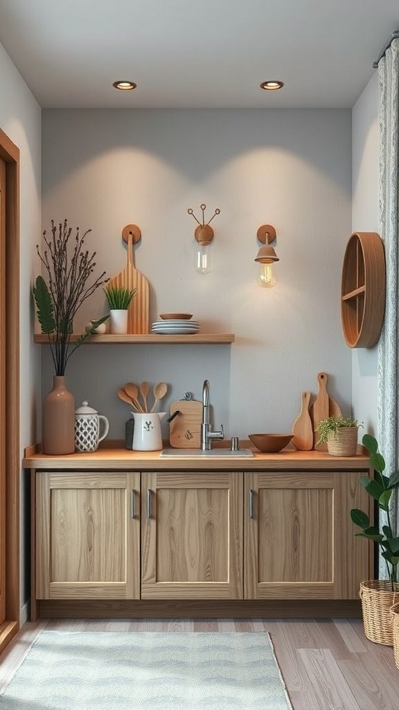 Cozy tiny cottage kitchen with wooden cabinets, plants, and warm lighting