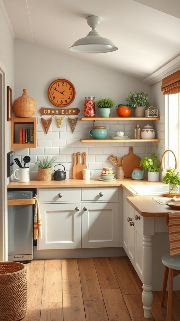 A cozy cottage kitchen with colorful dishes, plants, and a quirky clock, showcasing a whimsical design.