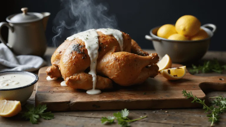 Photorealistic image of a whole grilled chicken on a rustic wooden cutting board, coated in creamy Alabama White Sauce, with a side bowl of sauce and charred lemon wedges, surrounded by fresh herbs, in warm afternoon light.