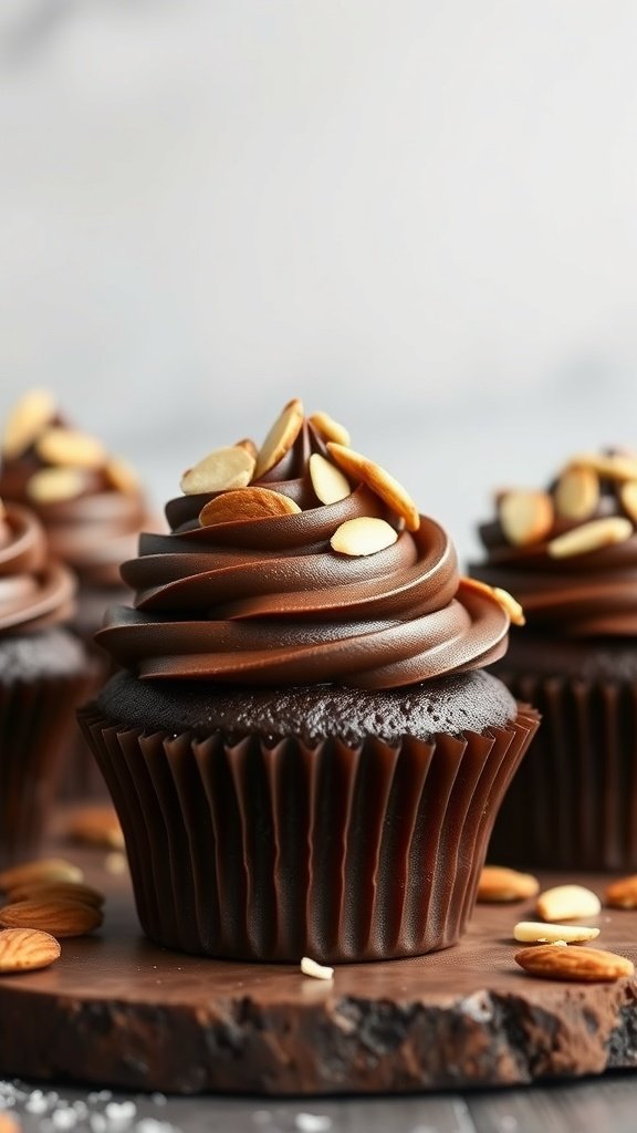 Delicious Almond Joy gender reveal cupcakes topped with chocolate frosting and almonds.
