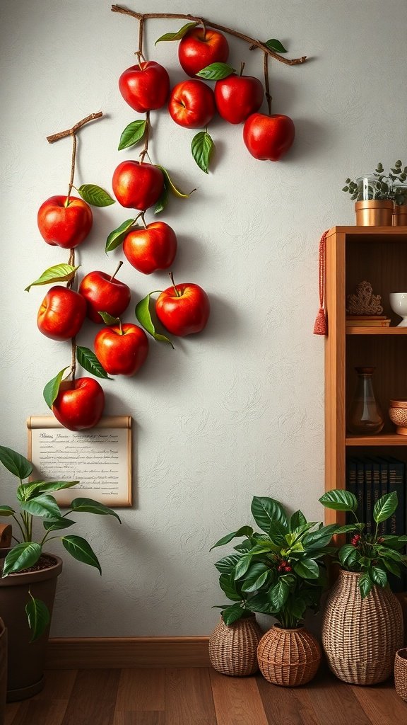 Art print featuring red apples hanging from a branch on a wall, with potted plants and a framed paper below.
