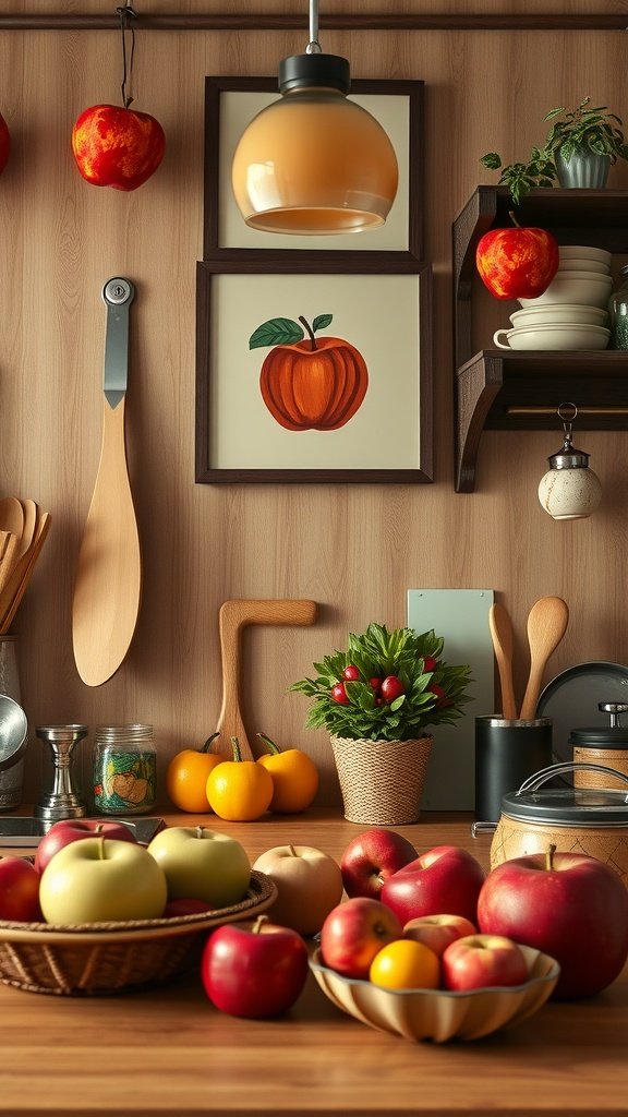 Cozy kitchen with apple-themed decor, featuring apples in baskets and hanging apples.