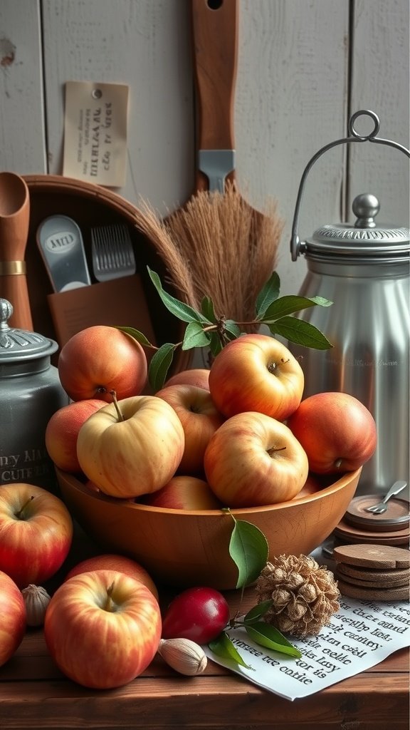 A still life arrangement featuring a wooden bowl filled with fresh apples, surrounded by rustic kitchen tools and decorative elements.