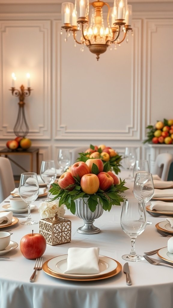An elegant table setting featuring a centerpiece of fresh apples, gold-rimmed plates, and sparkling glassware.